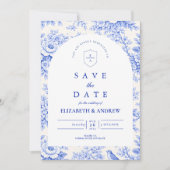 Klassiek Blauw Witte Chinoiserie Bruiloft Save The Date (Voorkant)