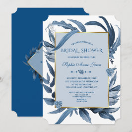 Klassiek blauwe bladeren gouden monogram bruidsdou kaart