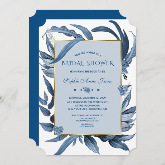 Klassiek blauwe bladeren gouden monogram bruidsdou kaart (Voorkant / Achterkant)