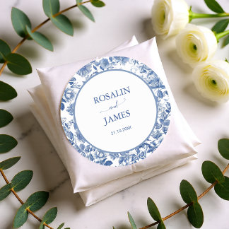 Klassiek Blauwe Botanische Trouwzegel met Toile-de Ronde Sticker
