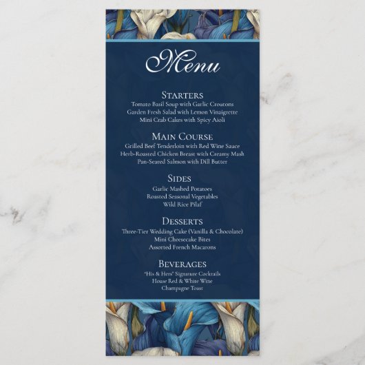 Klassiek Blauwe Calla Lelie Rustieke Trouwthema Menu (Voorkant)