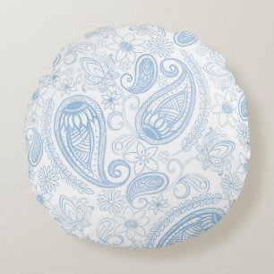 Klassiek Blauwe Glitter Paisley Bloem Wit Patroon Rond Kussen