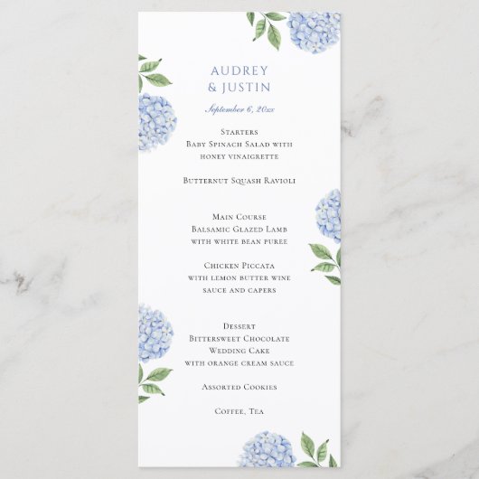 Klassiek Blauwe Hortensia Huwelijksdiner Menu (Voorkant)