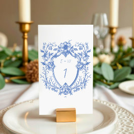 Klassiek blauwe wapenschild monogram bruiloft kaart