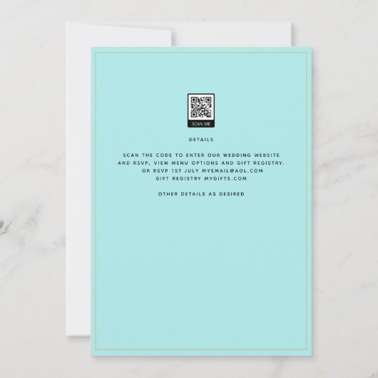 Klassiek Bleek Turquoise Zeeglas Gouden Trouwring Kaart (Achterkant)