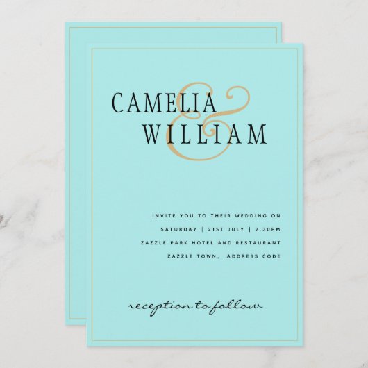 Klassiek Bleek Turquoise Zeeglas Gouden Trouwring Kaart (Voorkant / Achterkant)