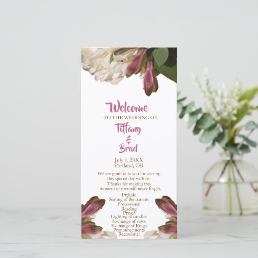 Klassiek Bloemen Wit Huwelijksceremonie Programma (Staand voorkant)