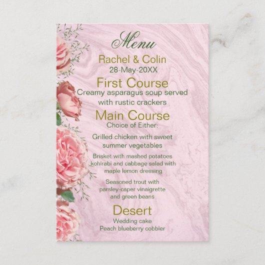 Klassiek bloemig roze groen weddingmenu informatiekaartje (Voorkant)