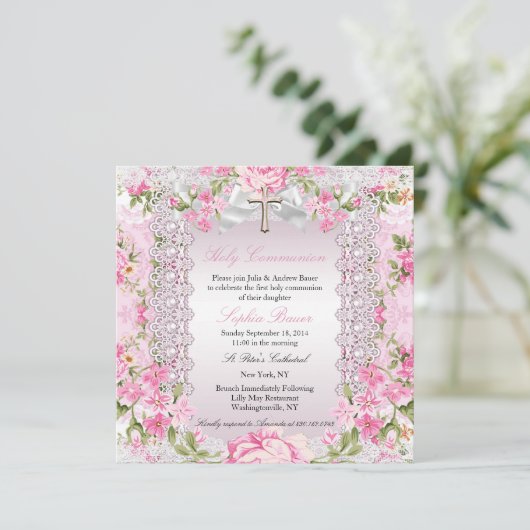 Klassiek bloemkruis Eerste Communie Roze B Kaart (Staand voorkant)