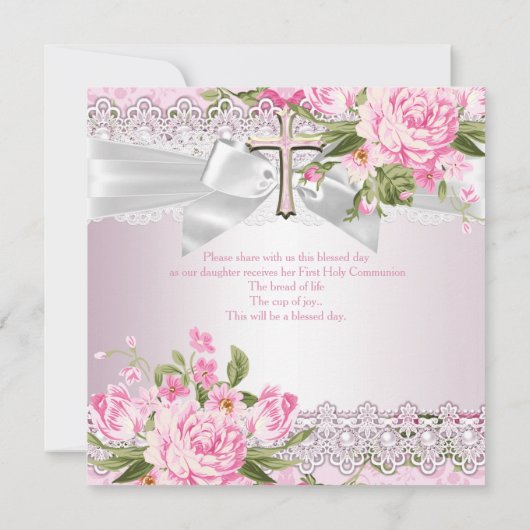 Klassiek bloemkruis Eerste Communie Roze B Kaart (Achterkant)