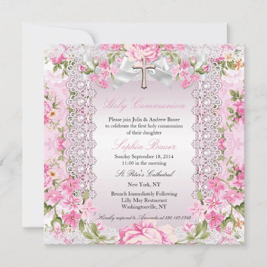 Klassiek bloemkruis Eerste Communie Roze B Kaart (Voorkant)