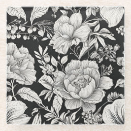 Klassiek Bloemmotief Zwart en Wit Vintage Glazen Onderzetter