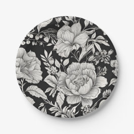 Klassiek Bloemmotief Zwart en Wit Vintage Papieren Bordje