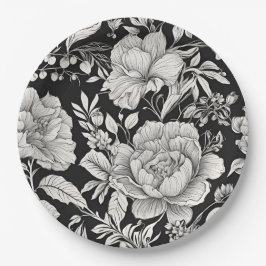 Klassiek Bloemmotief Zwart en Wit Vintage Papieren Bordje