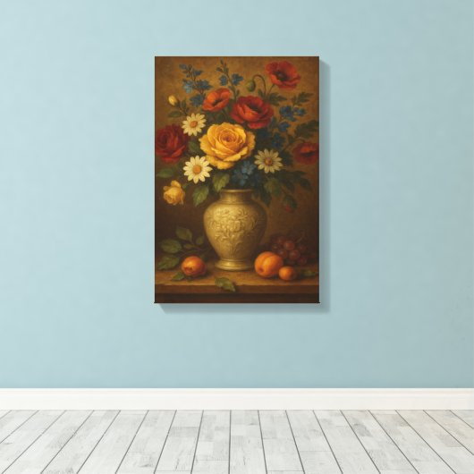 Klassiek bloemstilleven met vaas en fruit canvas afdruk (Insitu (Houten vloer))