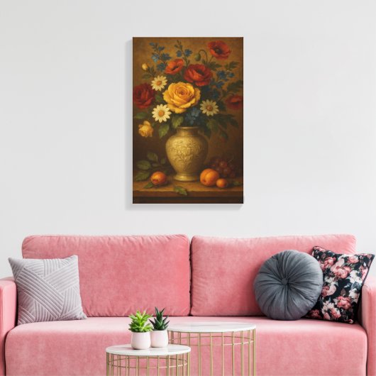 Klassiek bloemstilleven met vaas en fruit canvas afdruk (Insitu (Woonkamer))