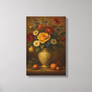 Klassiek bloemstilleven met vaas en fruit canvas afdruk