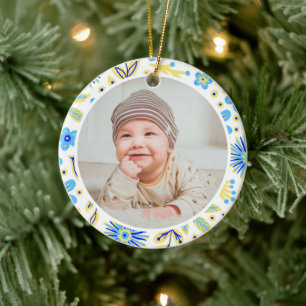 Klassiek bloemstuk baby's eerste kerstmis keramisch ornament