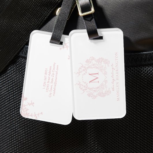 Klassiek Blush Roze Bloemen Crest Monogram Bagagelabel