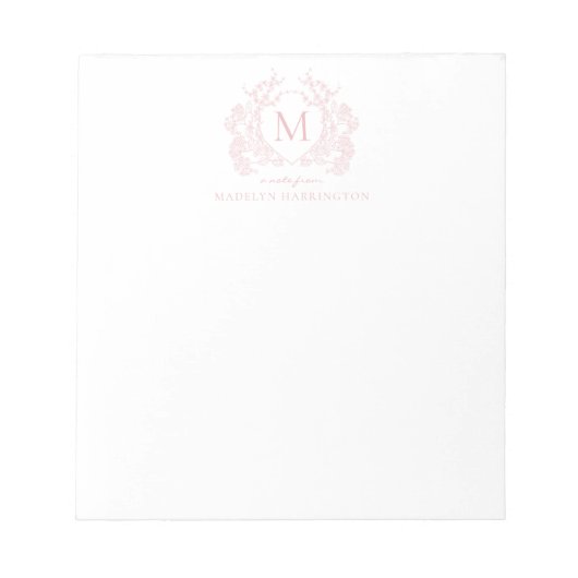 Klassiek Blush Roze Bloemen Crest Monogram Notitieblok (Voorkant)