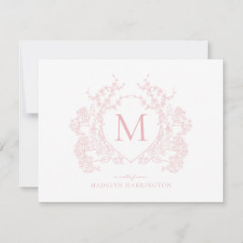 Klassiek Blush Roze Bloemen Crest Monogram Notitiekaartje