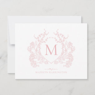 Klassiek Blush Roze Bloemen Crest Monogram Notitiekaartje
