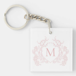 Klassiek Blush Roze Bloemen Crest Monogram Sleutelhanger