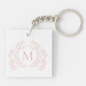 Klassiek Blush Roze Bloemen Crest Monogram Sleutelhanger (Achterkant)