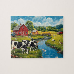 Klassiek boerenerf met koeien en rode schuur legpuzzel