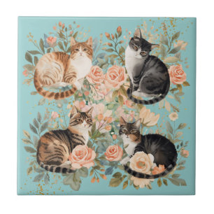 Klassiek botanisch cottagecore cadeau voor kattenl tegeltje