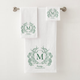 Klassiek botanisch groen bloemenkroon monogram bad handdoek