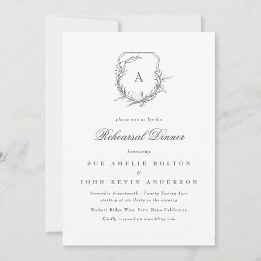 Klassiek Botanisch Monogram Crest repetitie diner Kaart (Voorkant)