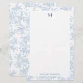 Klassiek botanisch toile monogram Frans blauw Briefpapier (Voorkant / Achterkant)