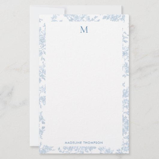 Klassiek botanisch toile monogram Frans blauw Briefpapier (Voorkant)