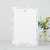 Klassiek botanisch toile monogram Frans blauw Briefpapier (Staand voorkant)