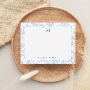 Klassiek botanisch toile monogram Frans blauw Notitiekaartje