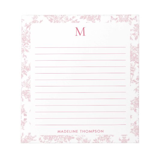 Klassiek botanisch toile monogram rode voering notitieblok (Voorkant)