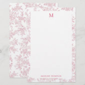 Klassiek botanisch toile monogram rood briefpapier (Voorkant / Achterkant)