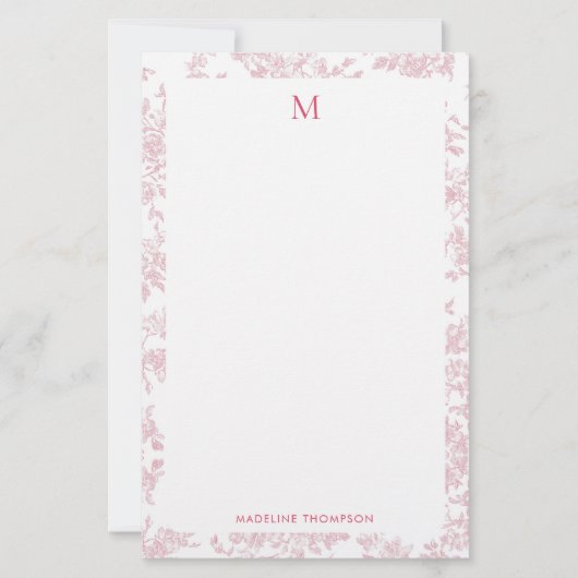 Klassiek botanisch toile monogram rood briefpapier (Voorkant)