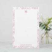 Klassiek botanisch toile monogram rood briefpapier (Staand voorkant)