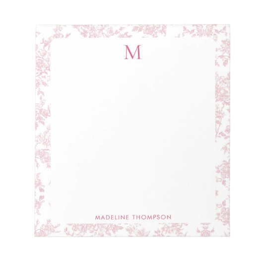 Klassiek botanisch toile monogram rood notitieblok (Voorkant)