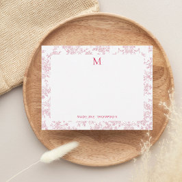 Klassiek botanisch toile monogram rood notitiekaartje