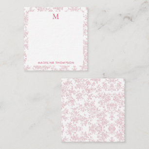 Klassiek botanisch toile monogram rood vierkant notitiekaartje
