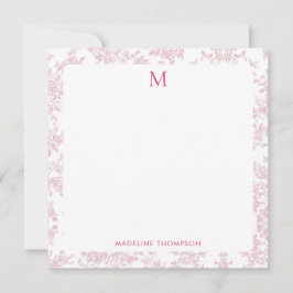 Klassiek botanisch toile monogram rood vierkant notitiekaartje