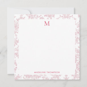 Klassiek botanisch toile monogram rood vierkant notitiekaartje