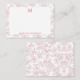 Klassiek botanisch toile monogram roodroze notitiekaartje