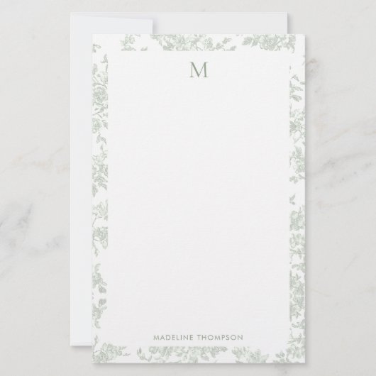Klassiek botanisch toile monogram saliegroen briefpapier (Voorkant)