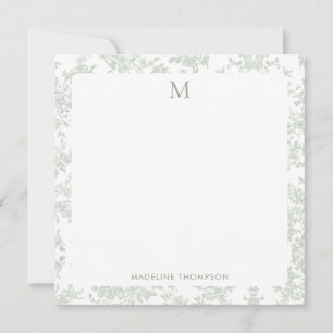 Klassiek botanisch toile monogram saliegroen vierk notitiekaartje