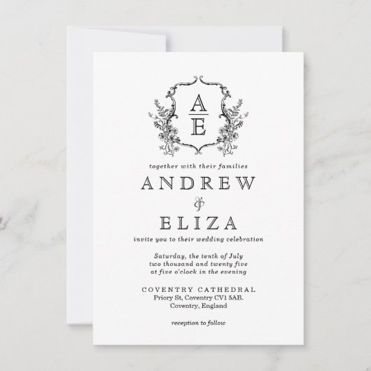 Klassiek  Botanische Bloemen Monogram Crest Kaart (Voorkant)