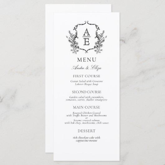 Klassiek Botanische Bloemen Monogram Crest Menu (Voorkant / Achterkant)